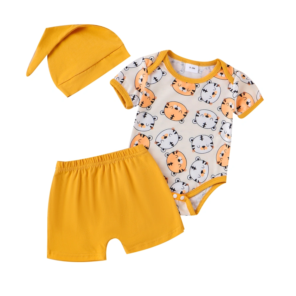 Boy Shorts Sets Short Sleeve Tiger Print Romper Solid Color Shorts Hat