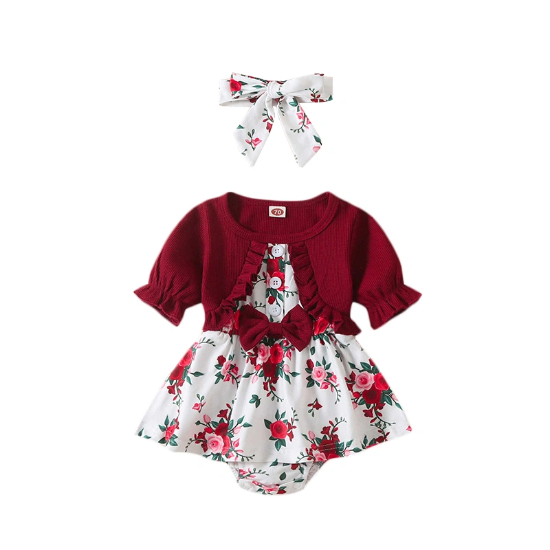 Baby Girls Fake Two Pieces Floral Print Romper Dress Bow Headband