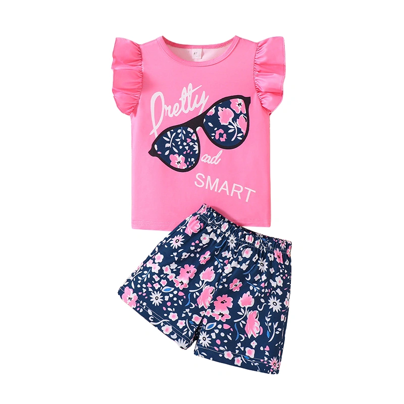 Girls 2 Piece Outfits Sunglasses Print Ruffle Tops and Floral Shorts