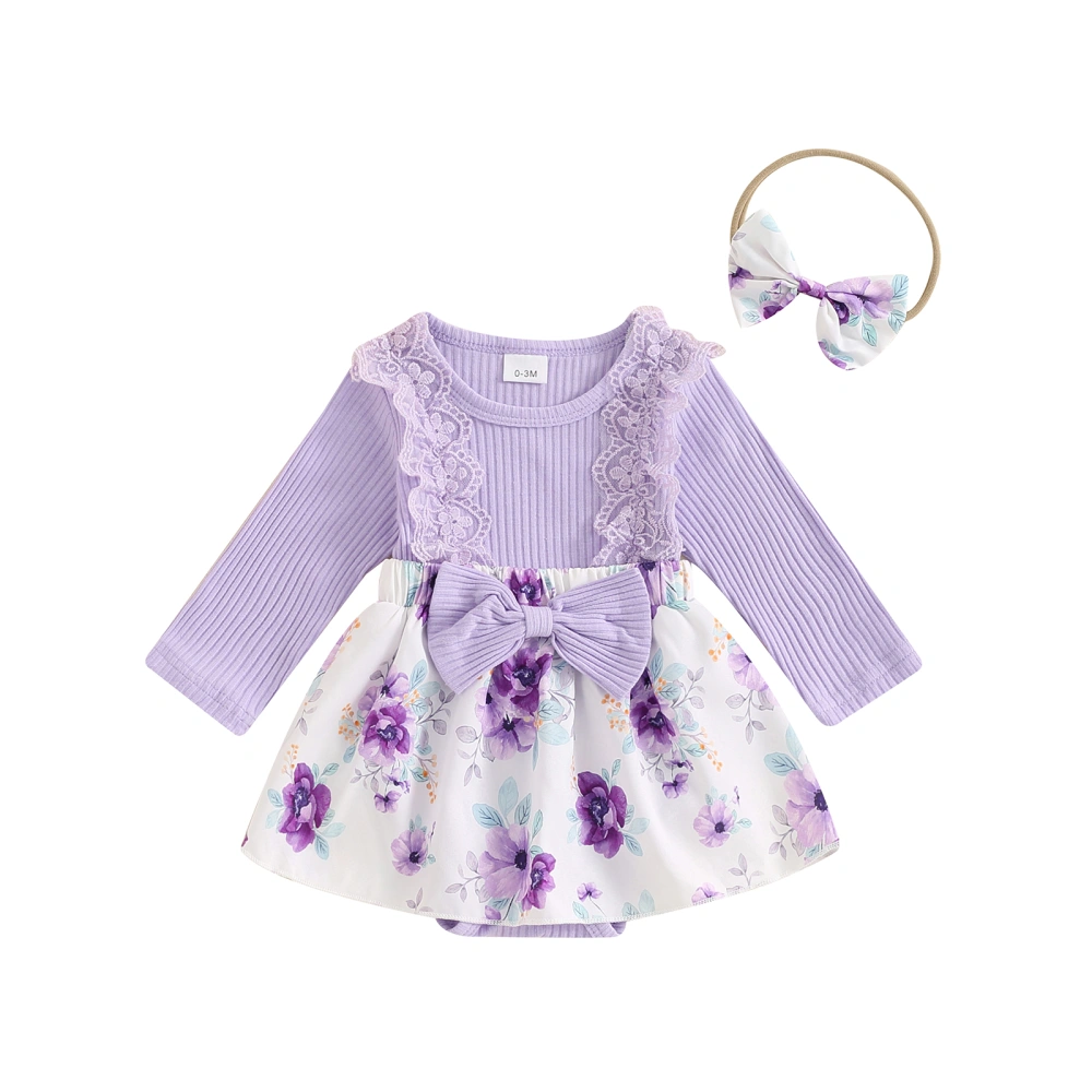 Baby Romper Dress Long Sleeve Flower Patchwork Romper with Headband