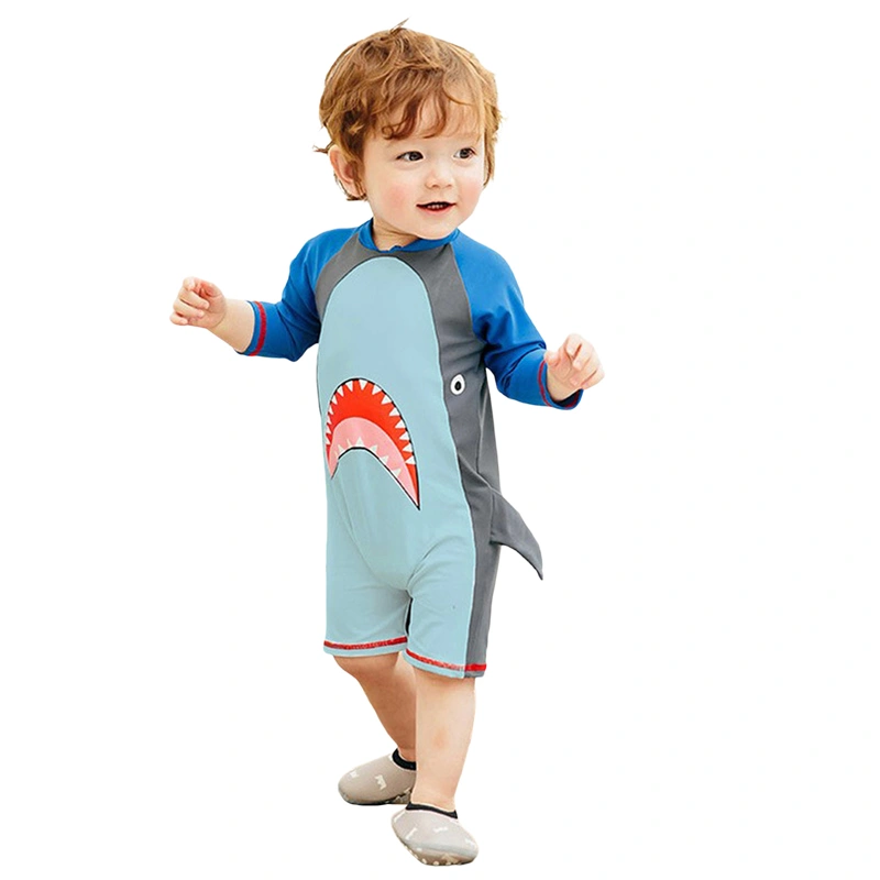 Kids Boys Rash Guard Swimsuit Zipper Cartoon Shark Print Swimwear