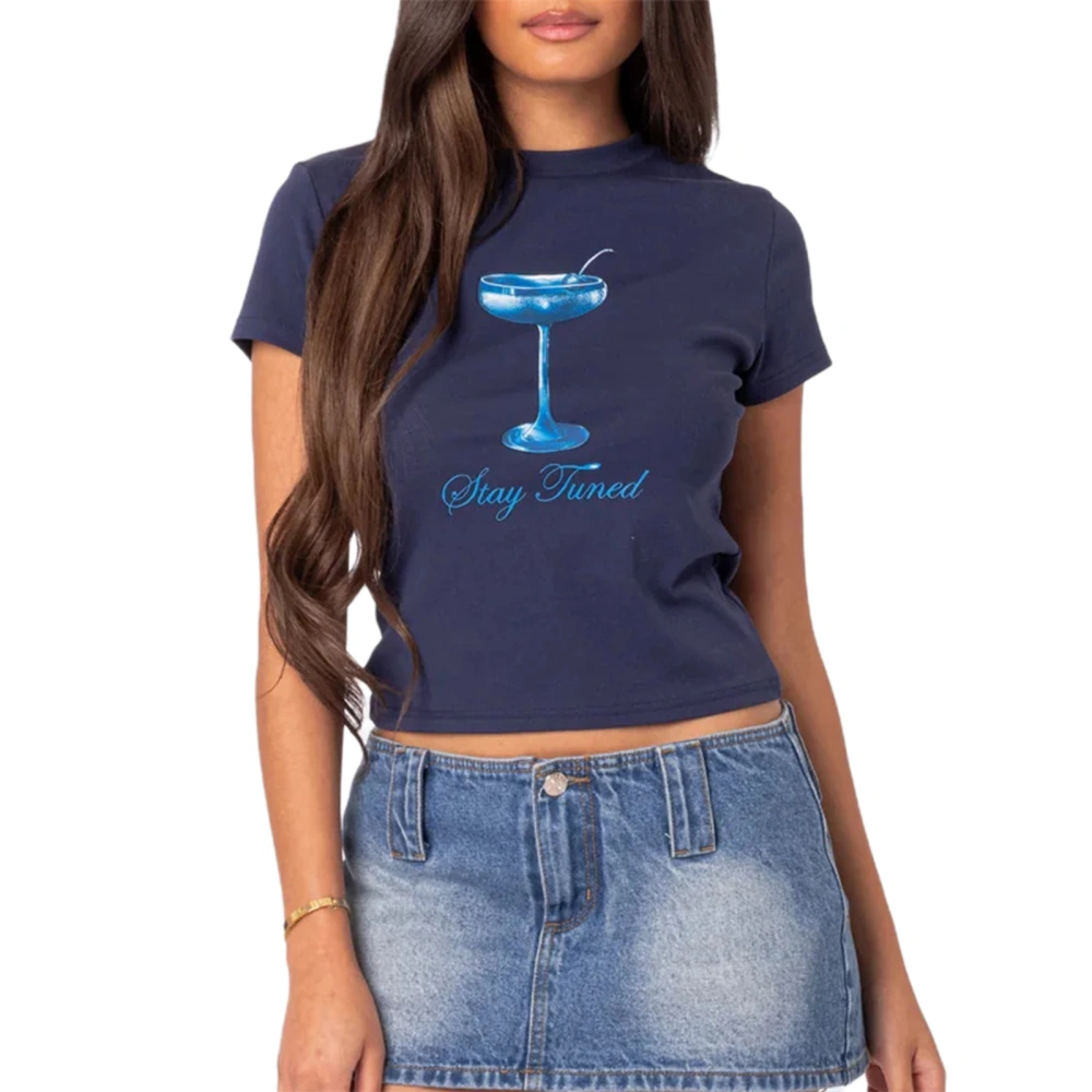 Women's Slim Crop Tops Cocktail Glass Printed Short Sleeve T-Shirt