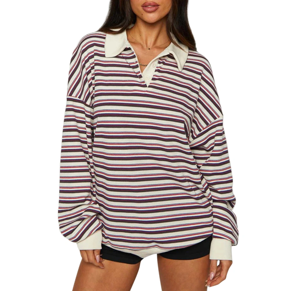 Women Striped Sweatshirt, Long Sleeve Turn-down Collar Hoodie