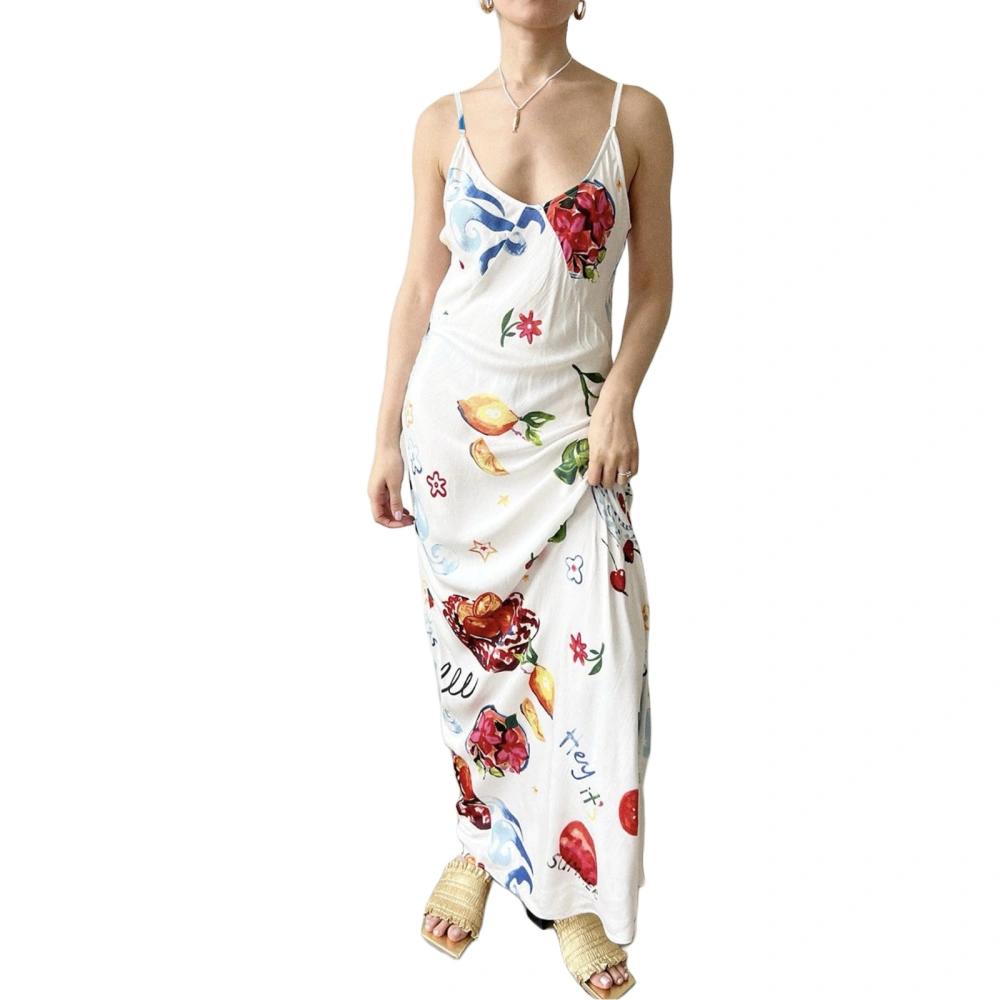 Women's Long Slim Cami Dress Sleeveless V Neck Fruit Print Dress