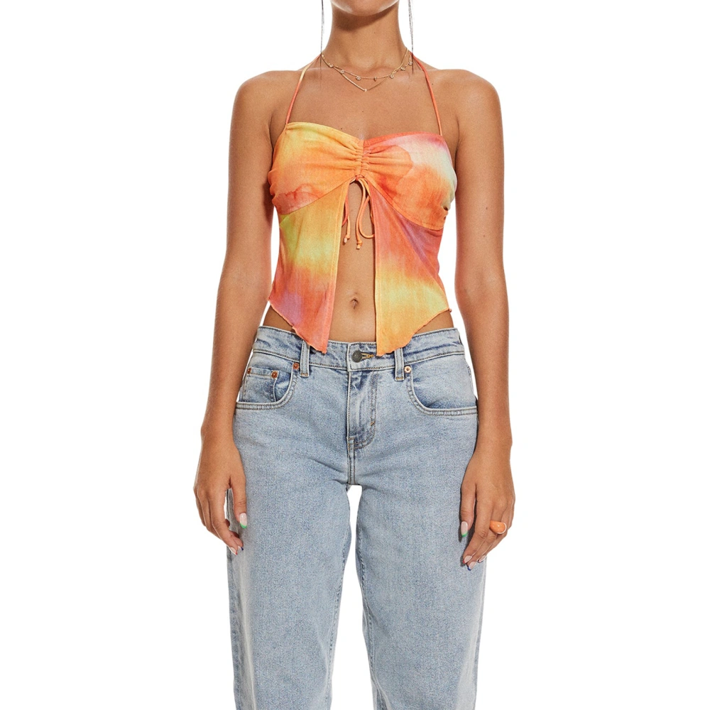 Women Watercolour Print Camisole Bow Split Front Ruched Crop Tank Tops