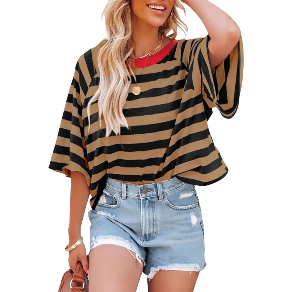 Women Short Sleeve T-Shirts Stripe Contrast Color Round Neck Shirts