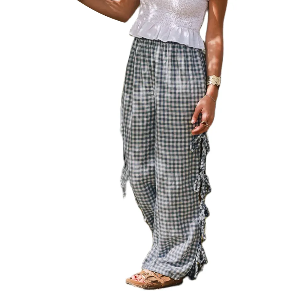 Women Wide-Leg Pants Spring Plaid Side Tie-Up Loose Trousers