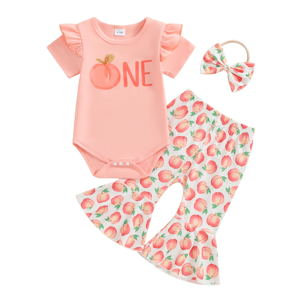 Baby Girls Birthday Outfit Peach Print Romper and Flare Pants Headband