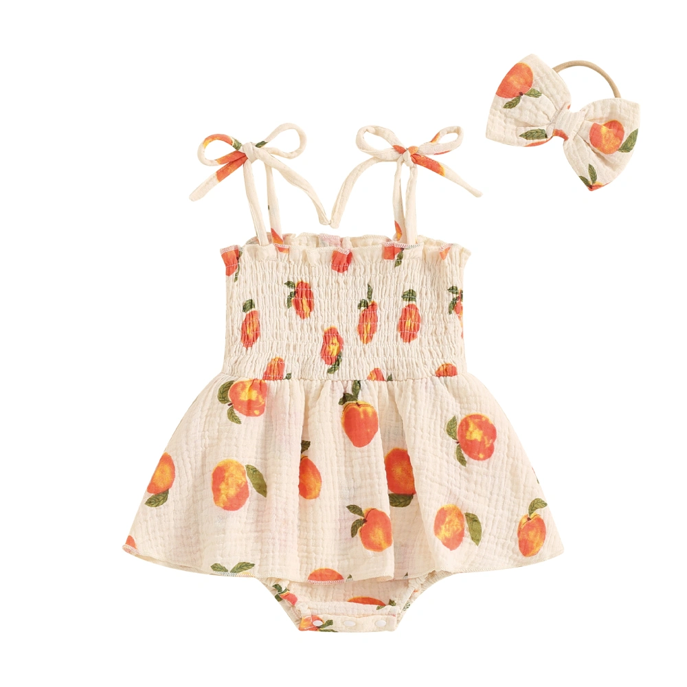 Baby Romper Dress Sleeveless Peach Print Cami Romper with Headband