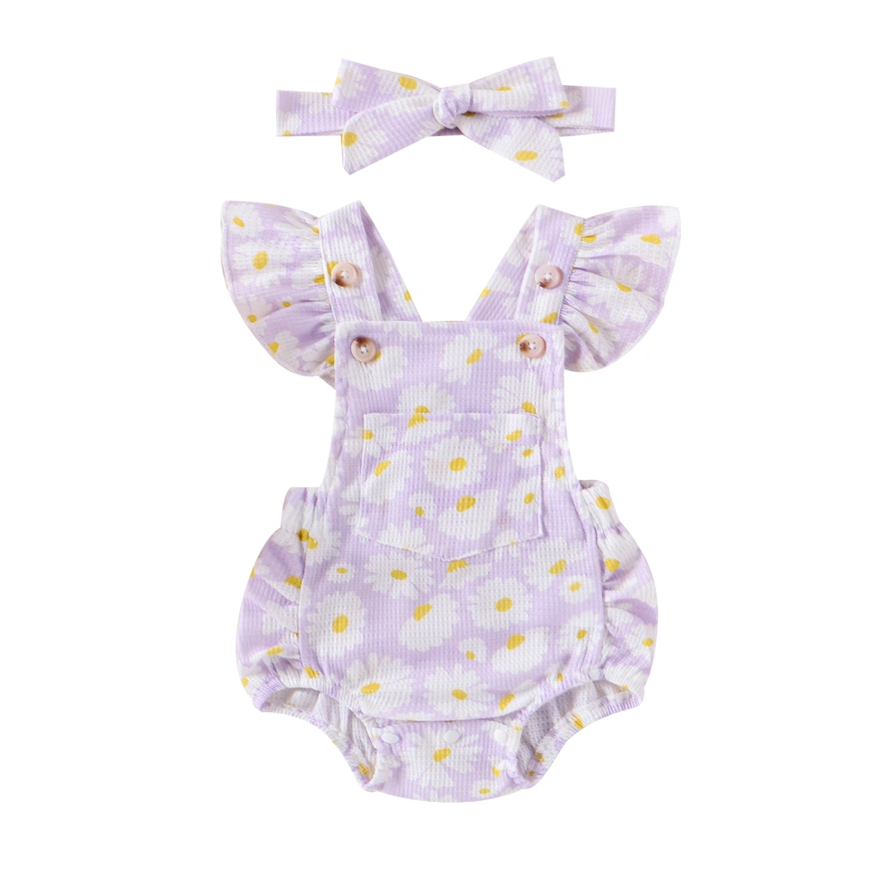 Baby Girls Romper Waffle Daisy Print Flying Sleeve Jumpsuit Headband