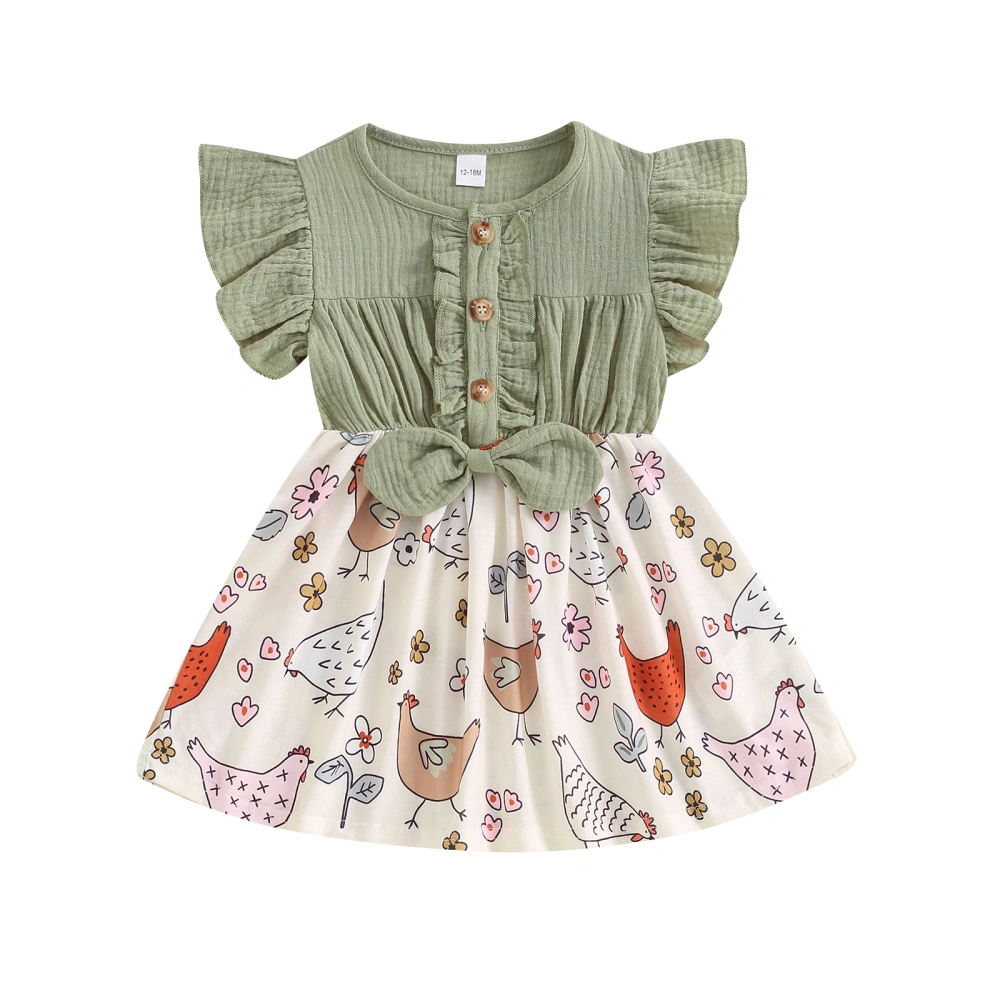 Girls A-line Dress Fly Sleeve Crew Neck Bow Chicken Print Casual Dress