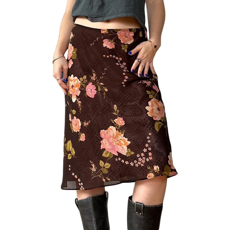 Women's Floral Print Midi Skirts Elegant Low Waist Knee Length Skirts