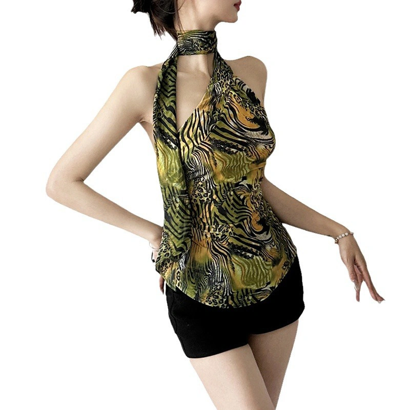 Women Tank Tops Leopard Print Halter Neck Casual Fashion Vests Tops