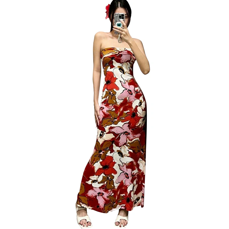 Women Strapless Tube Dress Summer Floral Print Backless Party Dress