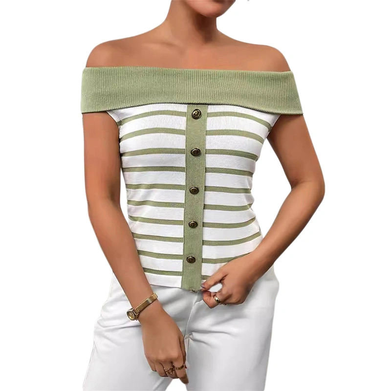 Women Off-Shoulder Knitted T-Shirts Striped Print Short Sleeve Tops