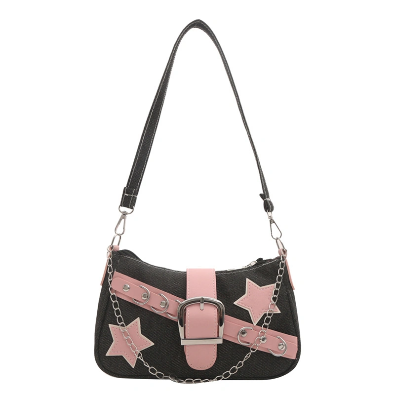 Women Denim Shoulder Bag Trendy Star Underarm Bag Handbag Purse 