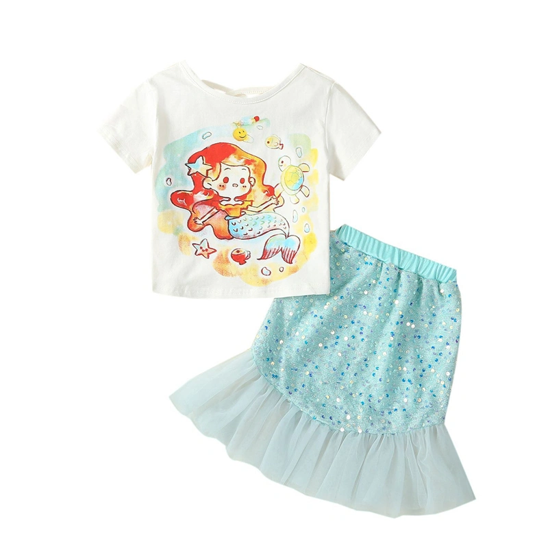 Girl Summer Set Mermaid Print Short Sleeve T-Shirt Sequin Skirt