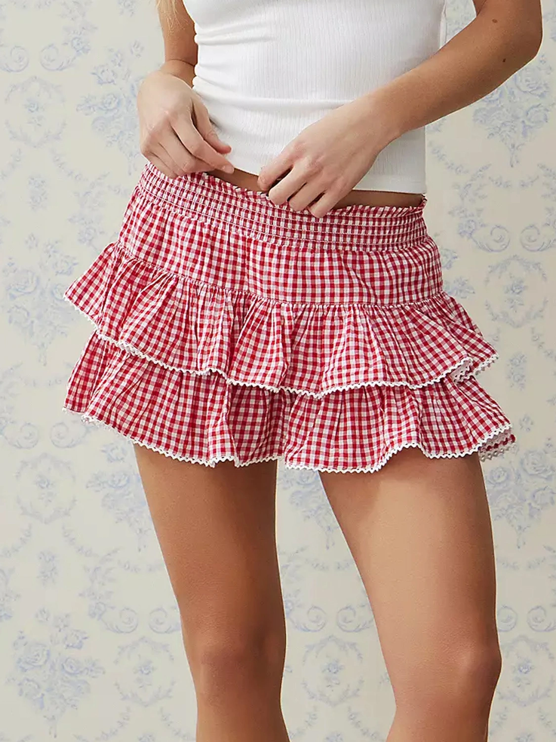 Womens Tiered Ruffled Skirts Plaid Smocked Waist Lacy Trim Mini Skirts