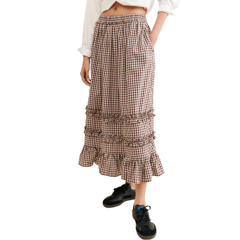 Women's Plaid Long Skirt Elastic High Waist Frill Trim A-Line Skirt 