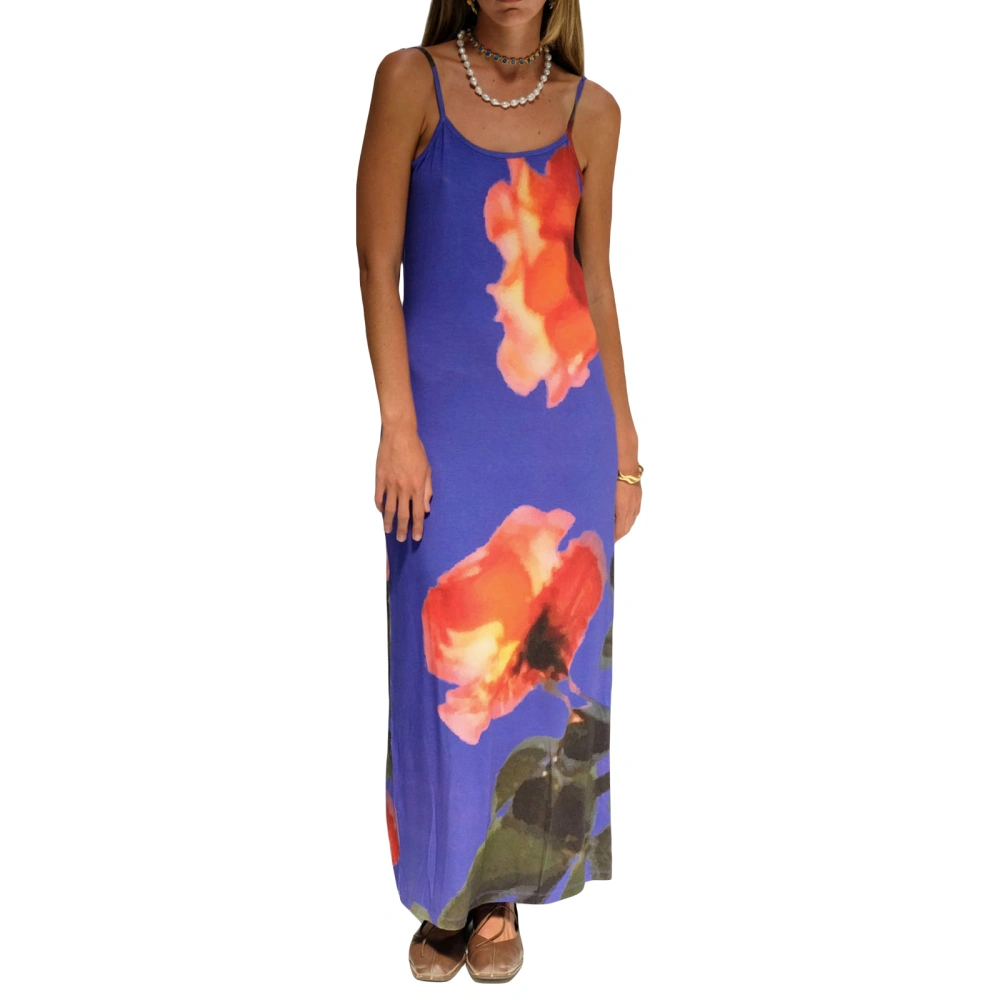 Women Slip Sleeveless Dress Tie-Dye Floral Print Backless Party Dress