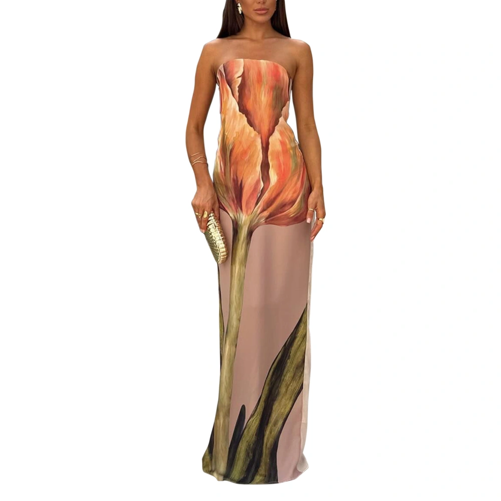 Women's Long Tube Dress Flower Print Strapless Slit Hem Slim Dress