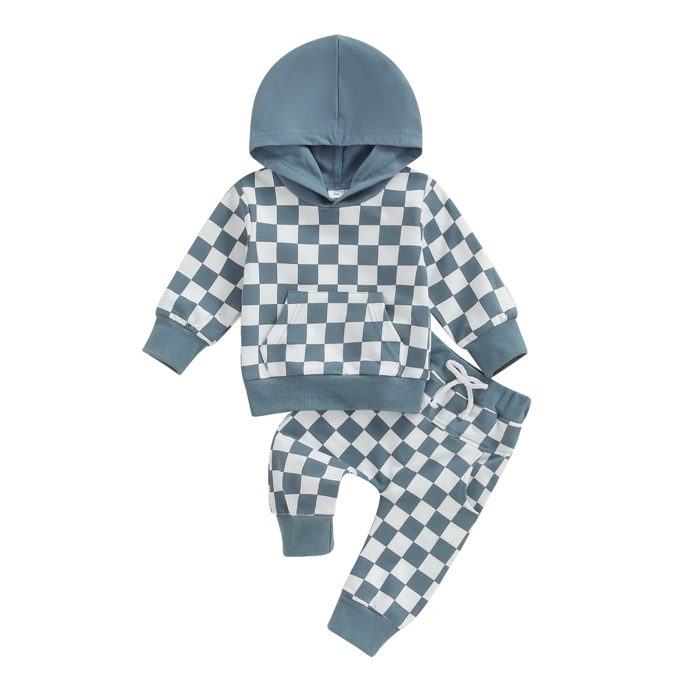 Toddler Boys Fall Outfits Checkerboard Print Hoodies and Long Pants