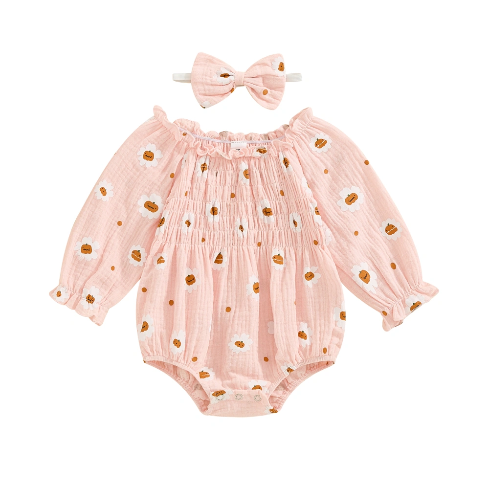 Baby Girl Fall Outfit, Flower Print Ruffle Sleeve Romper Bow Headband 