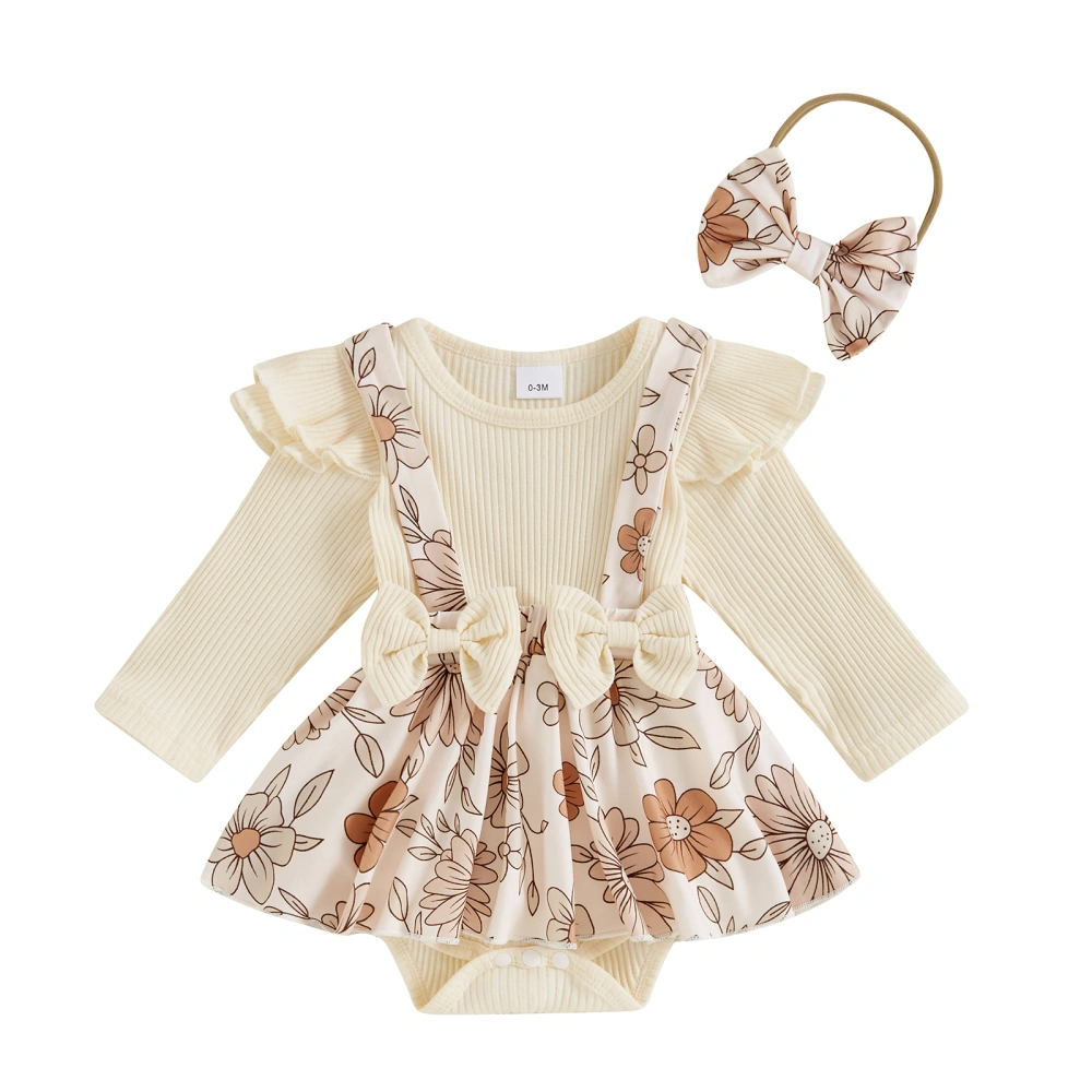 Baby Girl Outfit, Flower Long Sleeve Ribbed Romper Dress Bow Headband 