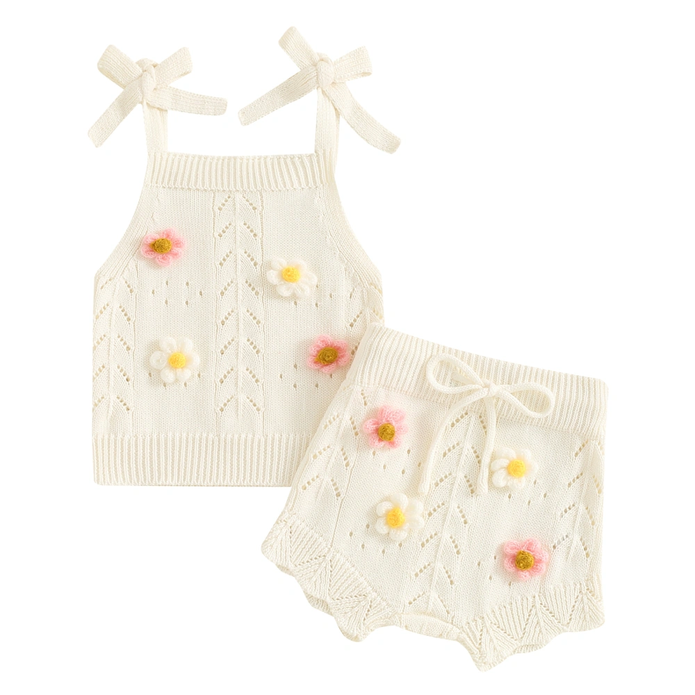 Baby Girls Knitted Outfit, Flower Tie-up Camisole with Shorts