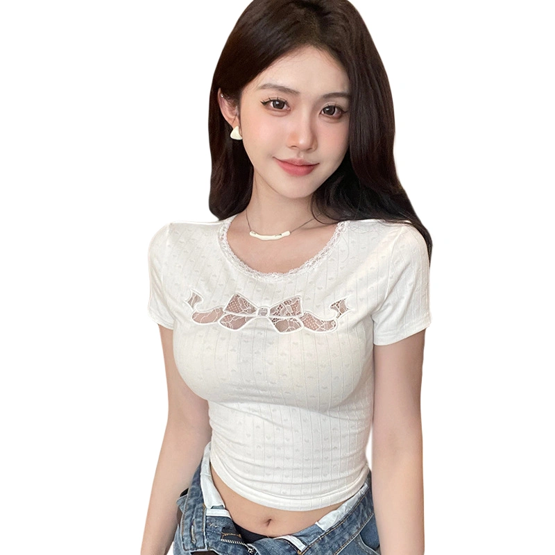 Women T-shirt, Short Sleeve Crew Neck Lace Bow Casual Crop Top