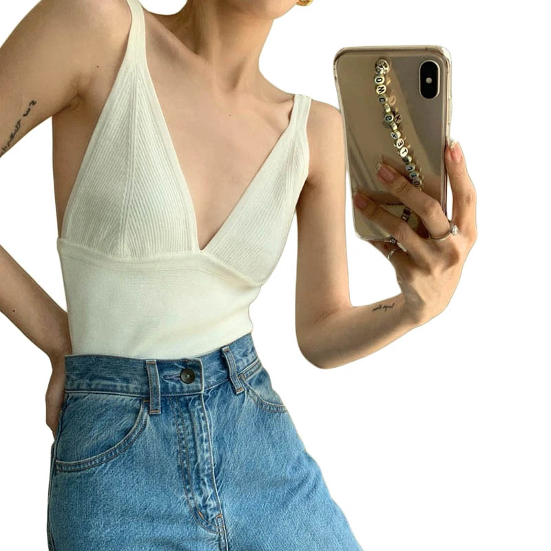 Women Crop Knit Tank Tops Slim Deep V Neck Open Back Sleeveless Shirt