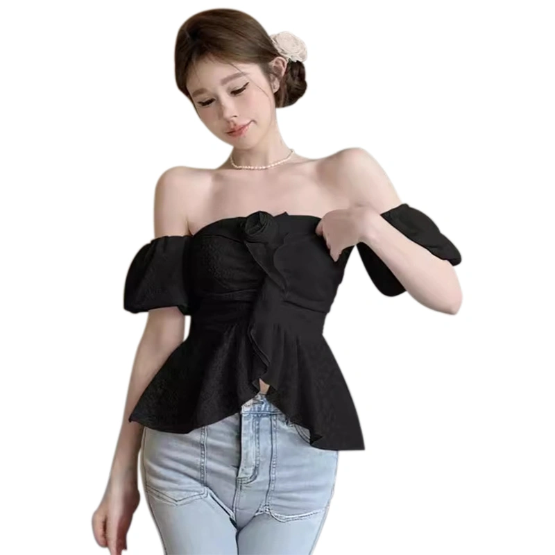 Women Off Shoulder Shirts Solid Color 3D Flower Ruffles Blouses