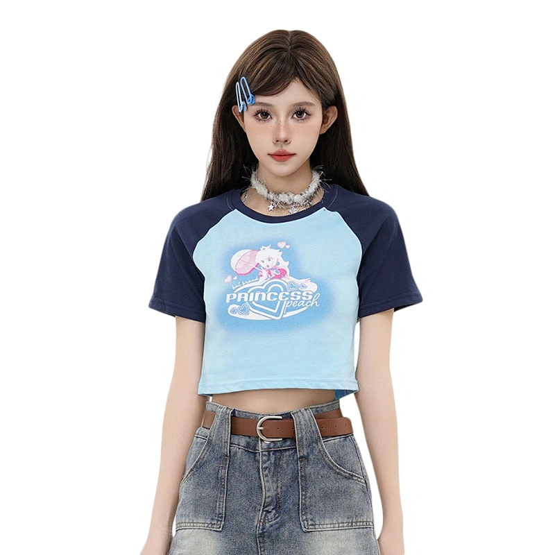 Women Crop Basic T-Shirts Summer Cartoon Print Short Sleeve Tops