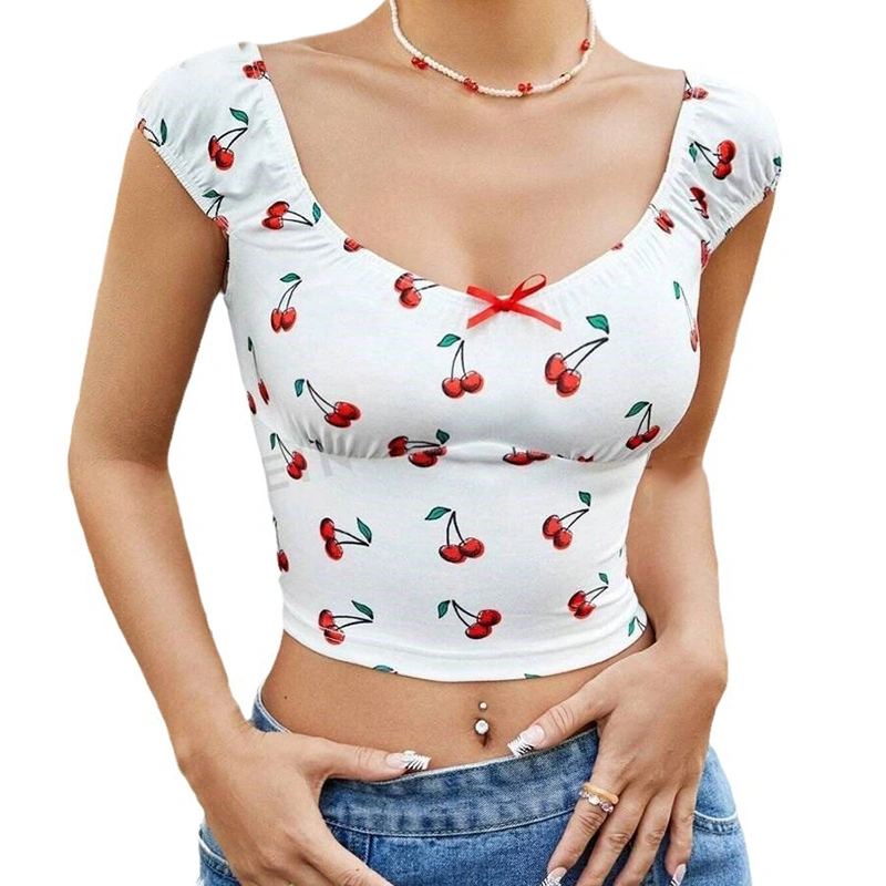 Women's Cherry Crop Tops Cap Sleeves Sweetheart Neck T-Shirt