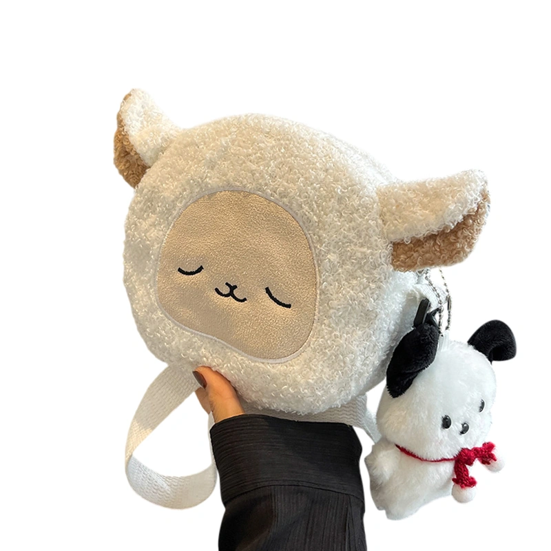 Women Shoulder Bag, Cartoon Sheep Plush Crossbody Bag with Pendant