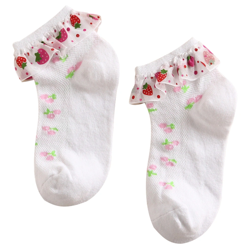 Girl Ruffle Socks Strawberry Print Eyelet Ankle Socks for Summer