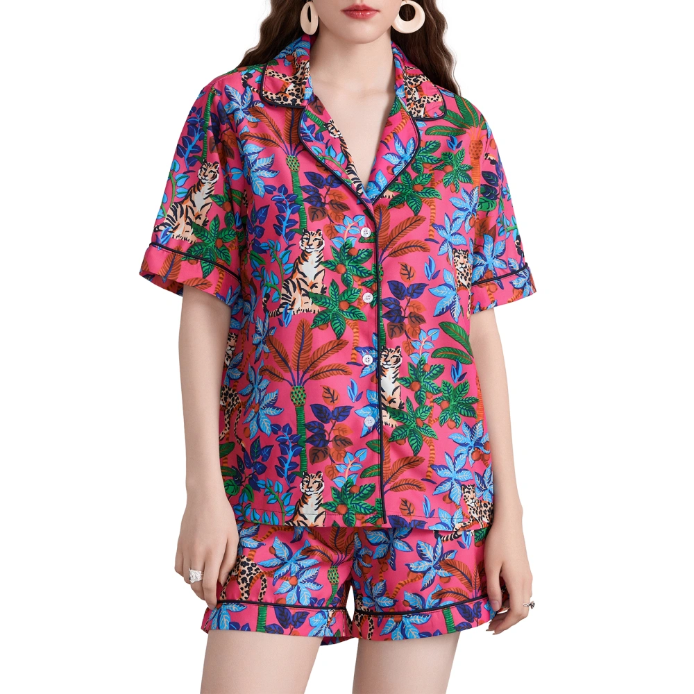 Women Pajama Set, Flowers Tiger Print Short Sleeve Shirt Shorts