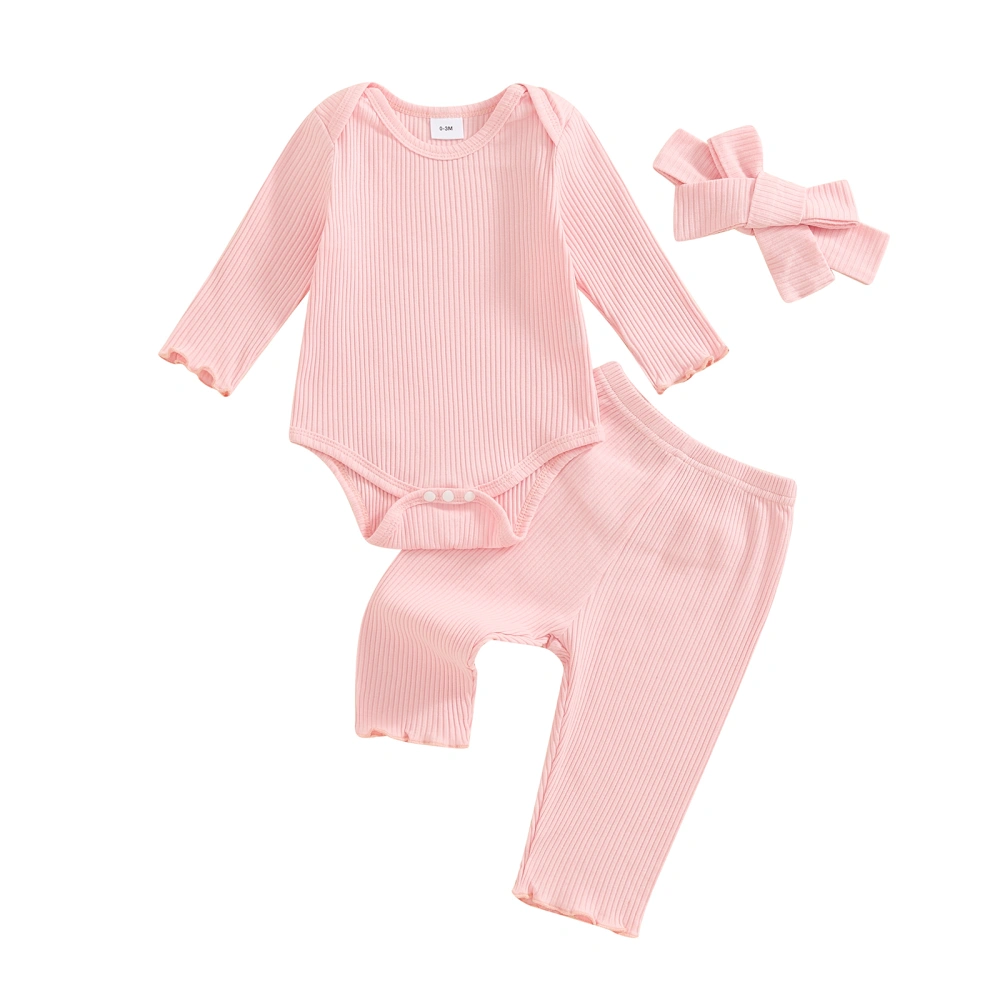 Baby Girl 3 Piece Outfit Ribbed Long Sleeves Romper and Pants Headband