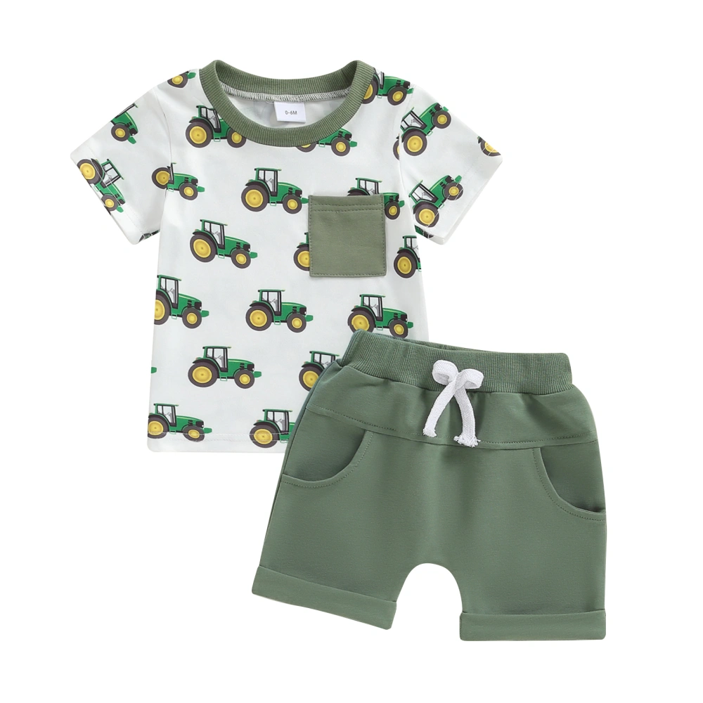 Baby Boy Outfit, Tractor Print Short Sleeve Tops Elastic Waist Shorts 