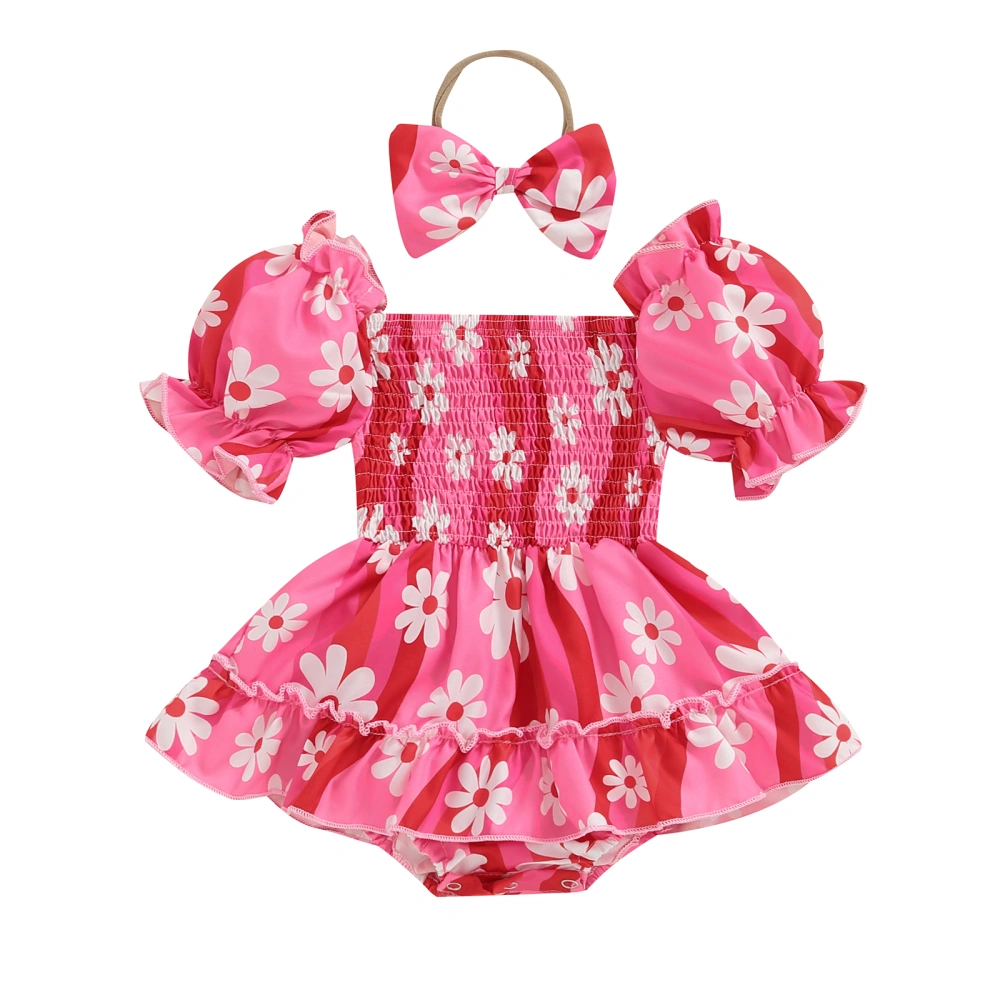 Girls Daisy Print Romper Short Puff Sleeve Romper with Headband