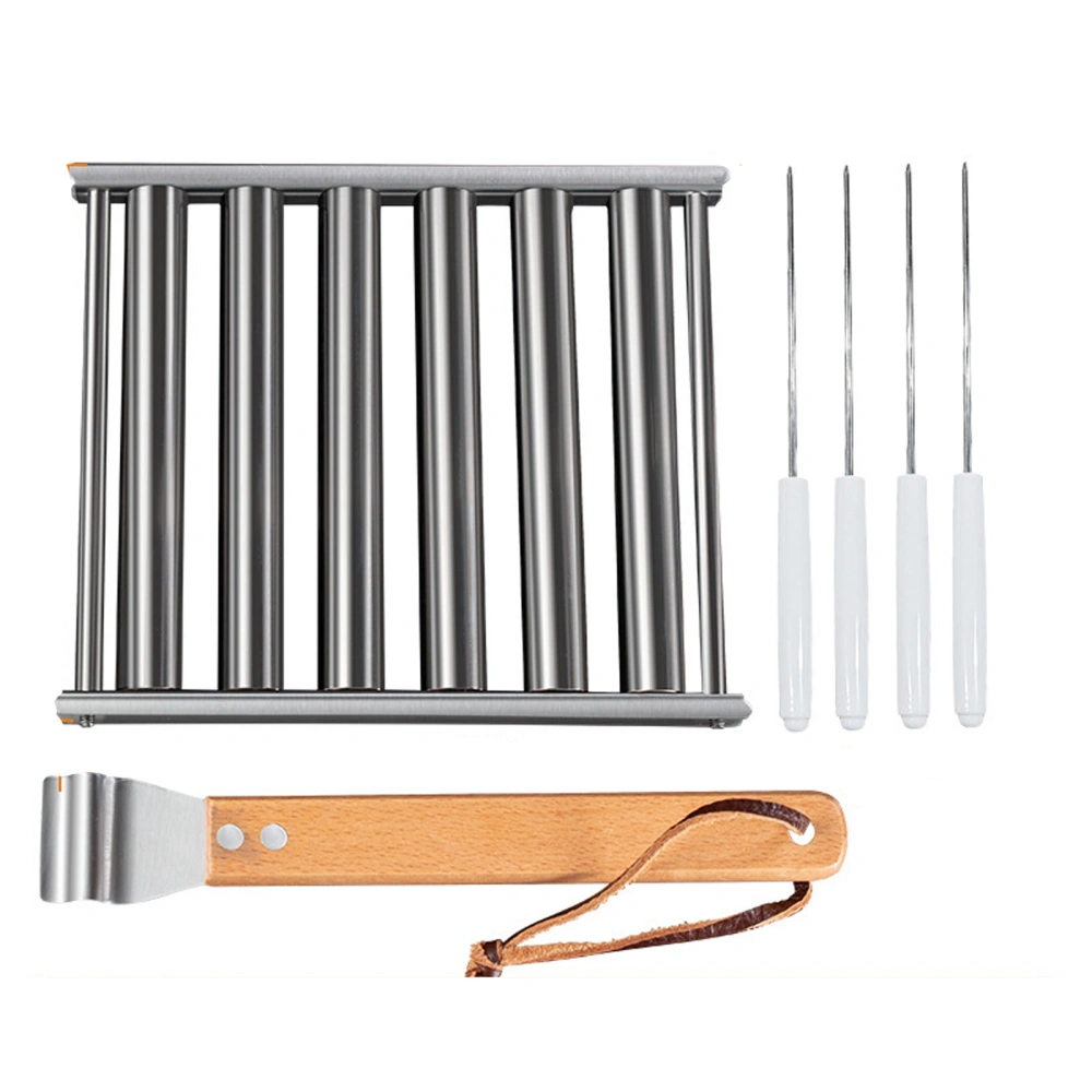 Grill Sausage Roasting Rack Stainless Steel Wood Handle Prod Rack