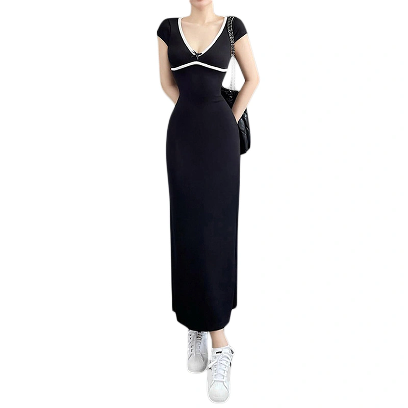 Women’s Long Dress Short Sleeve V Neck Contrast Line Slim Fit Dress