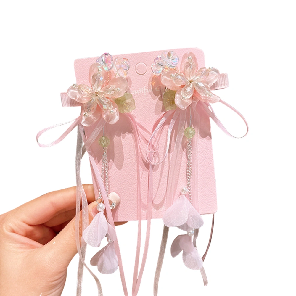 1 Pair Flower Hair Clips Set Sweet Crystal Bow Tassels Hair Ribbon