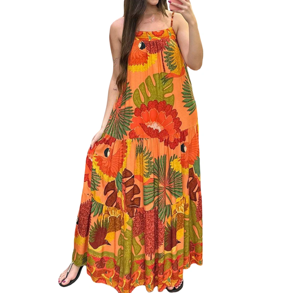 Women Summer Slip Dress Vintage Print Sleeveless A-Line Party Dress