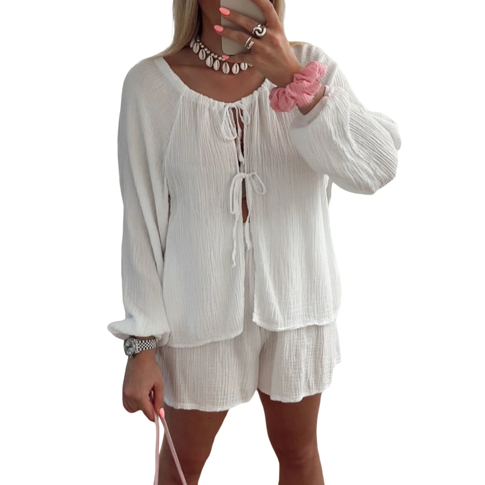 Women's Casual Outfit, Long Sleeve Tie-Up Tops Elastic Waist Shorts 