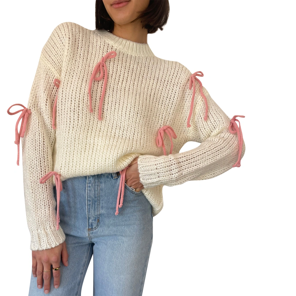 Women's Knit Tops Long Sleeve Crewneck Bow Decor Loose Knitwear