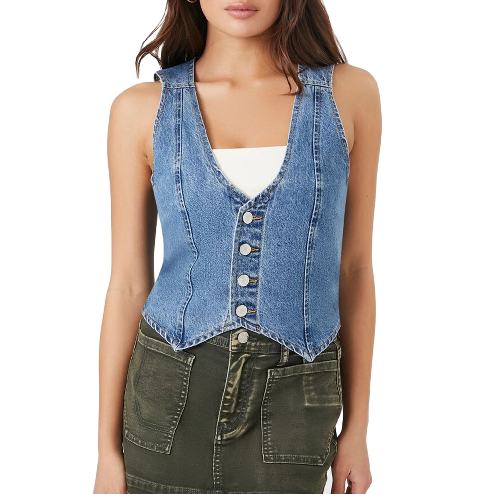 Women Denim Vest, Sleeveless Button Vest Solid Outwear Gilet