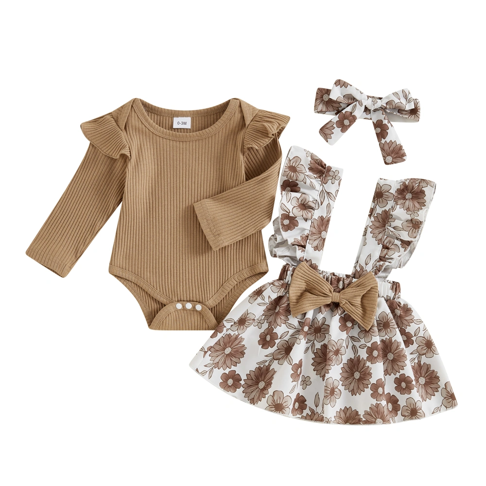 Baby Girls Outfits Ribbed Romper + Suspender Skirt + Headband