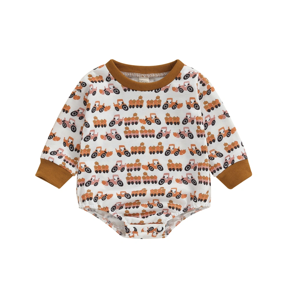 Baby Boy Romper, Long Sleeve Tractor Pumpkin Print Fall Bodysuit