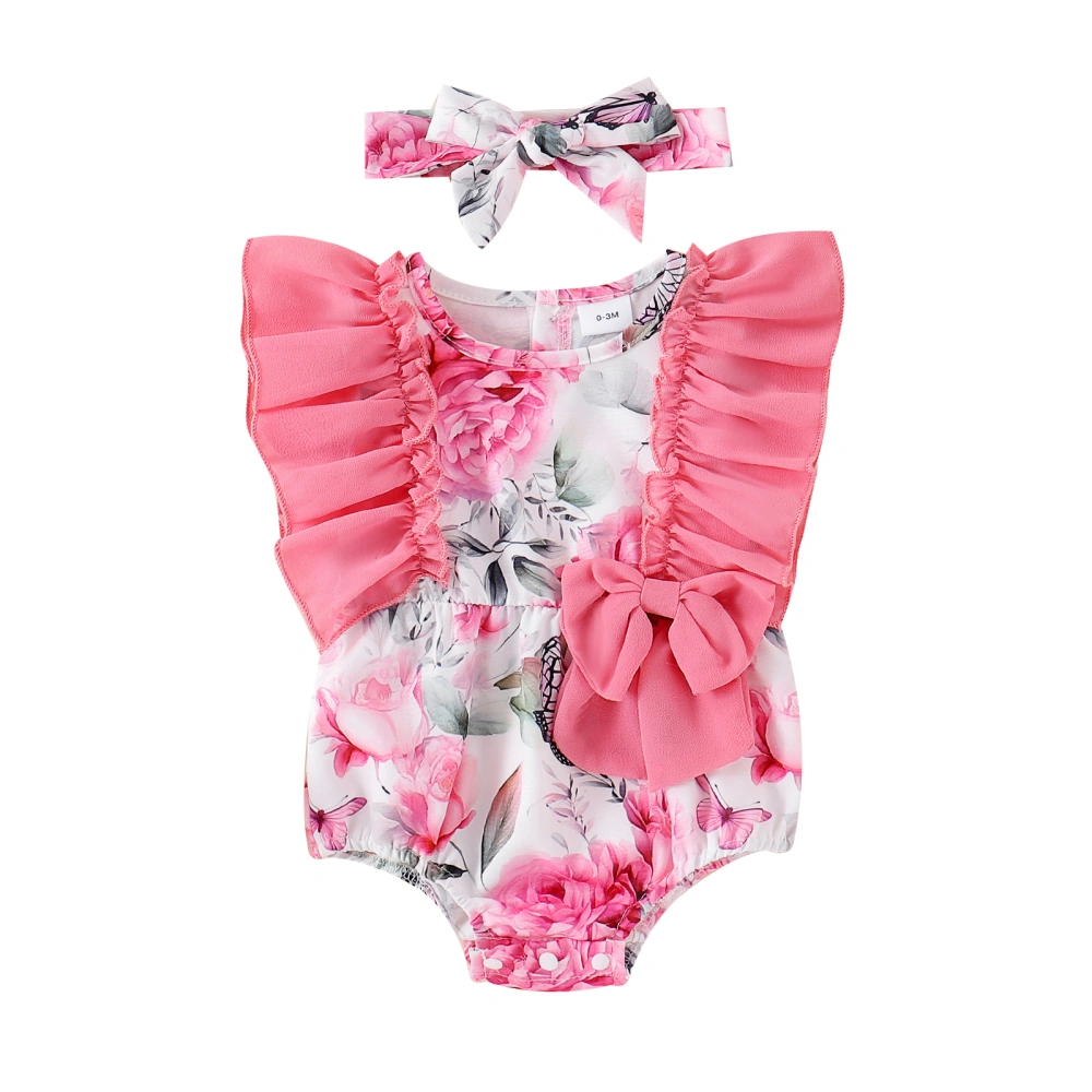 Baby Girls Flutter Sleeve Romper Floral Butterfly Jumpsuit Headband